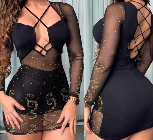 Hollow Rhinestone Mesh Mini Dress