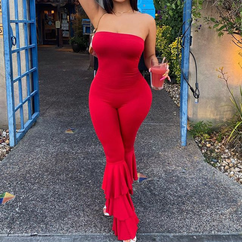 Red Strapless Flared Legs Jumpsuit