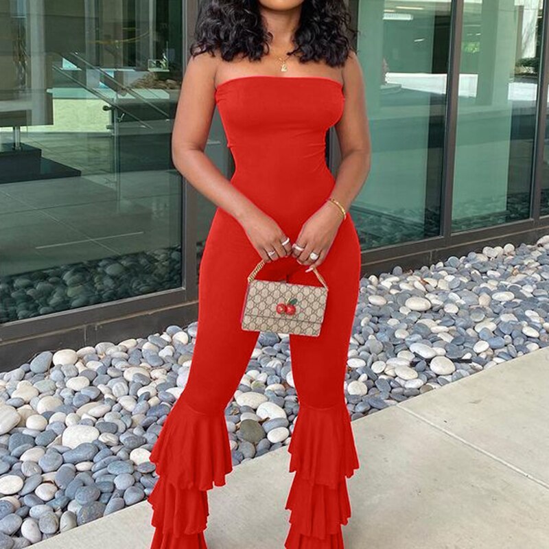 Red Strapless Flared Legs Jumpsuit