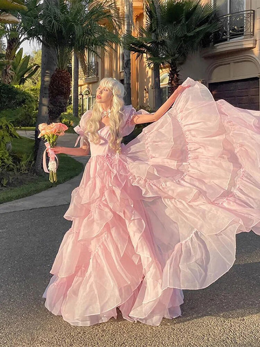 Pink Princess Ruffles Puff Sleeved Loose Bottom Gown