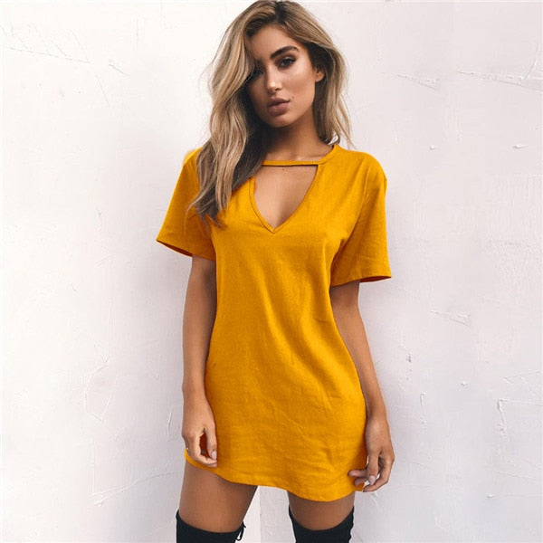 V-neck Loose T-Shirt Mini Dresses (Multi-Colors)