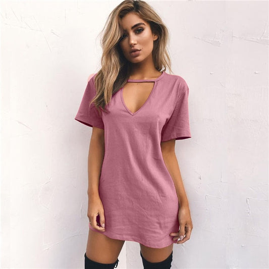 V-neck Loose T-Shirt Mini Dresses (Multi-Colors)