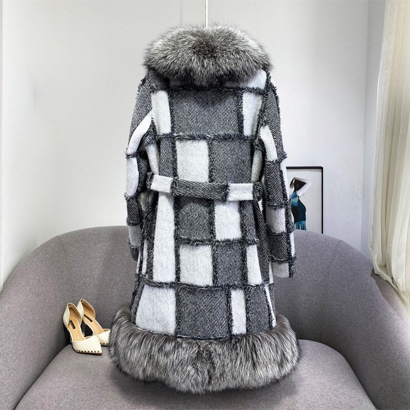 Real Fox Fur Wool Color Block Coats