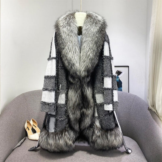 Real Fox Fur Wool Color Block Coats