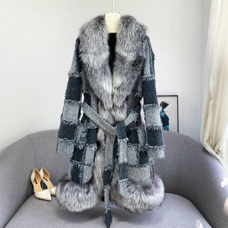Real Fox Fur Wool Color Block Coats