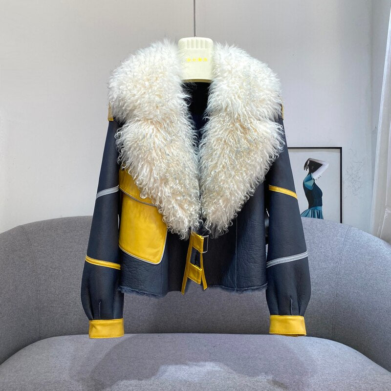 Genuine Leather Real Sheep Fur Collar Coat