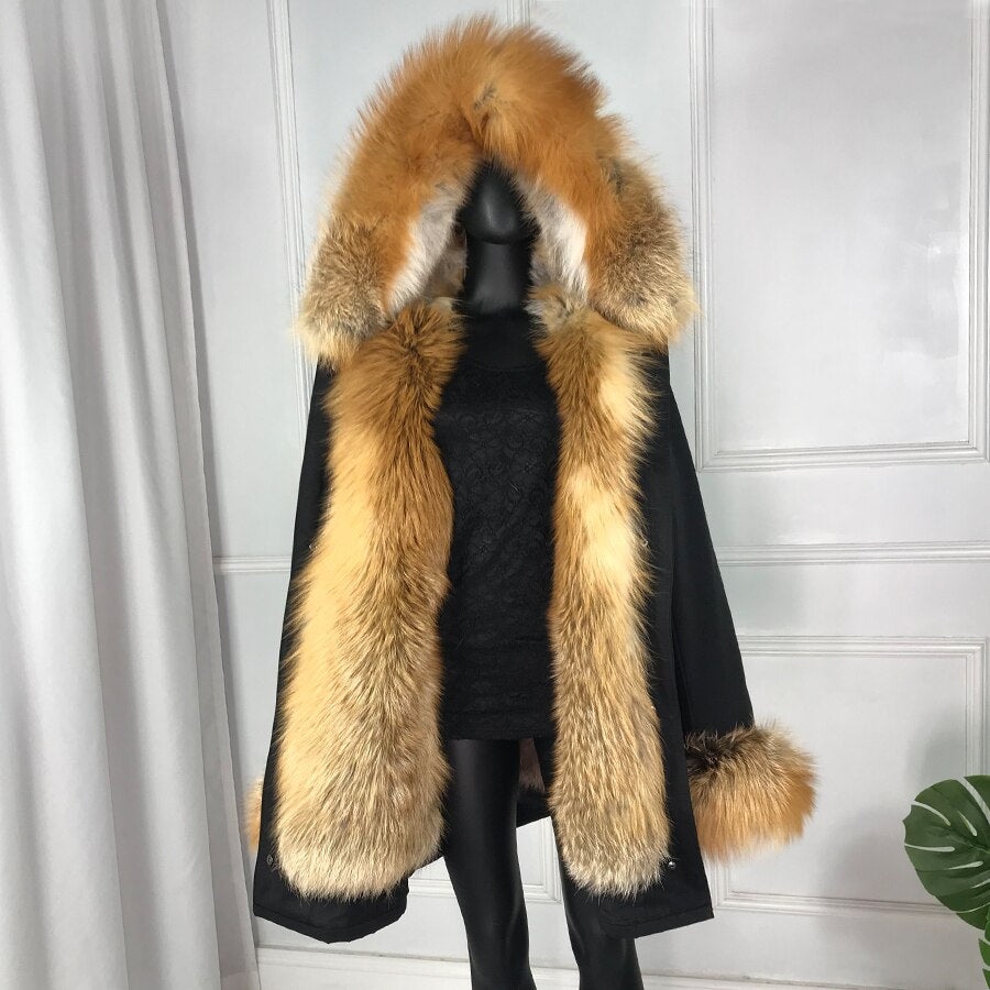 Real Rex Rabbit Lining with Fox Fur Collar/Hood/Cuff Coat