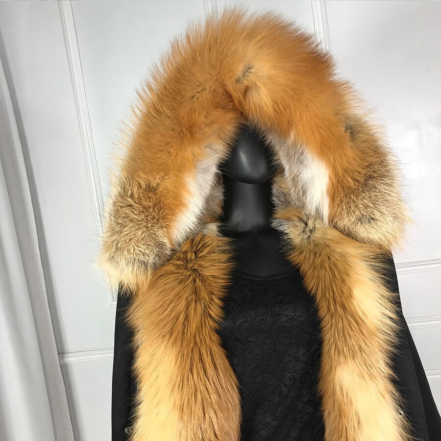 Real Rex Rabbit Lining with Fox Fur Collar/Hood/Cuff Coat