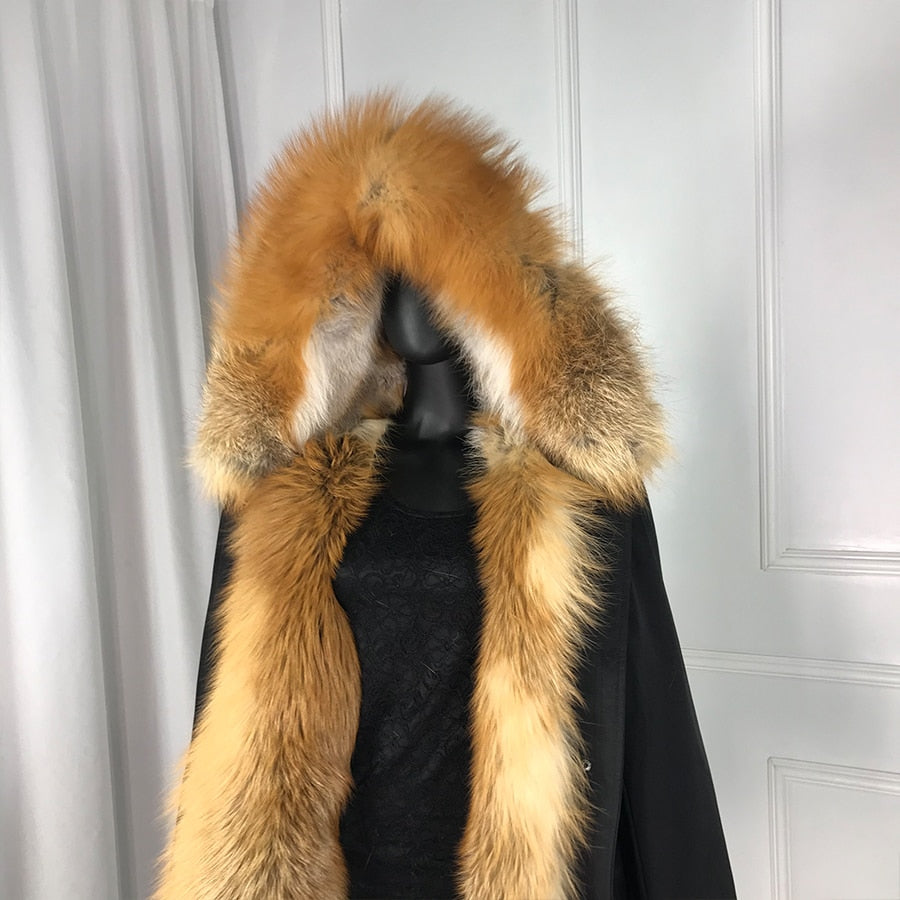 Real Rex Rabbit Lining with Fox Fur Collar/Hood/Cuff Coat