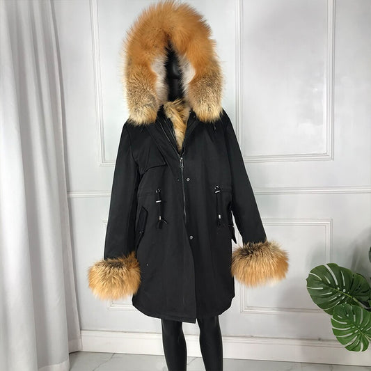 Real Rex Rabbit Lining with Fox Fur Collar/Hood/Cuff Coat