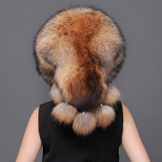 Silver/Red Fox Fur With Back Pom Poms Fox Tail Cap