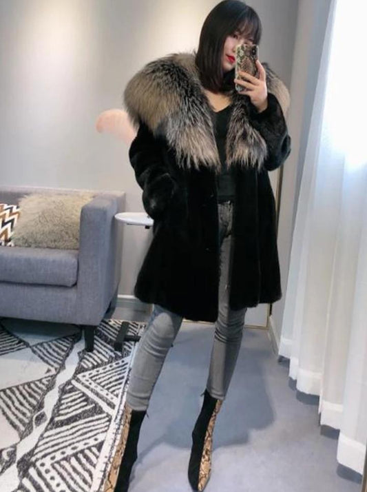 Black Mink Fur With Thick Fox Fur Hood/Collar Coat