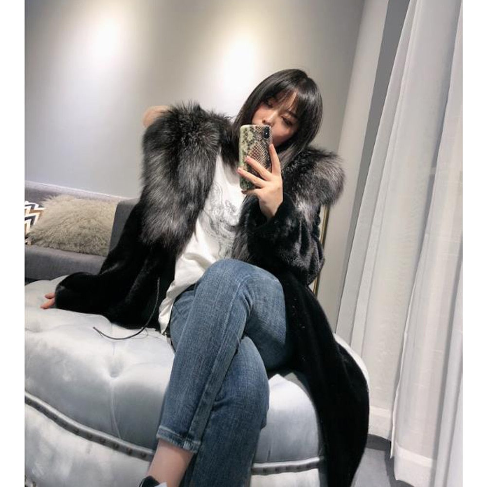 Black Mink Fur With Thick Fox Fur Hood/Collar Coat