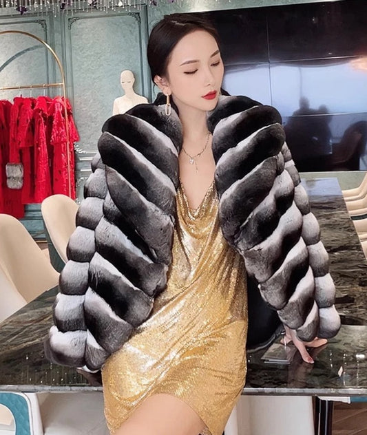 Chinchilla Style Real Rex Rabbit Fur Coat Big Collar