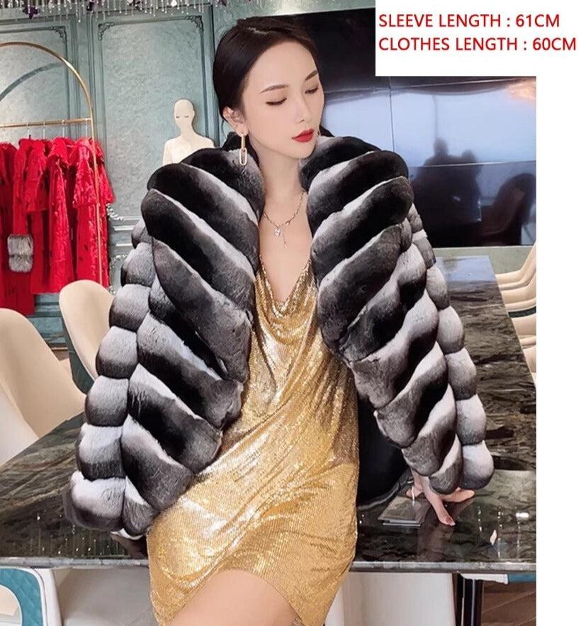 Chinchilla Style Real Rex Rabbit Fur Coat Big Collar