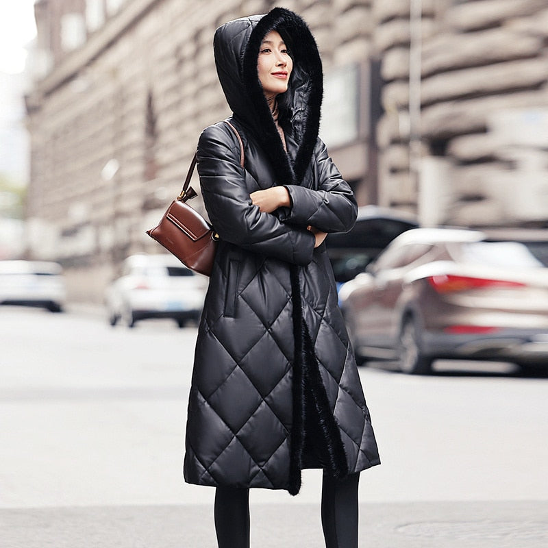 Genuine Leather Long Jacket Mink Fur Collar Hood