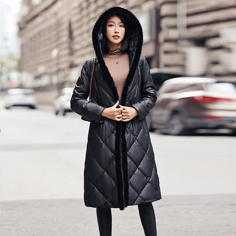 Genuine Leather Long Jacket Mink Fur Collar Hood