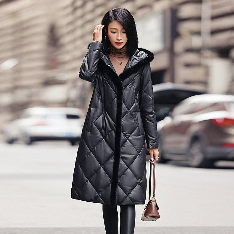 Genuine Leather Long Jacket Mink Fur Collar Hood