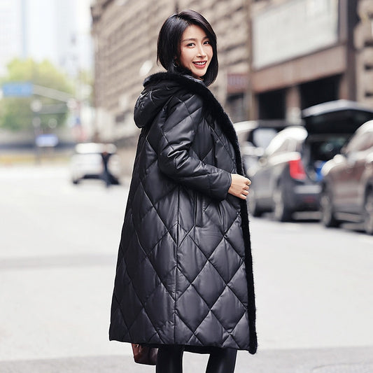 Genuine Leather Long Jacket Mink Fur Collar Hood