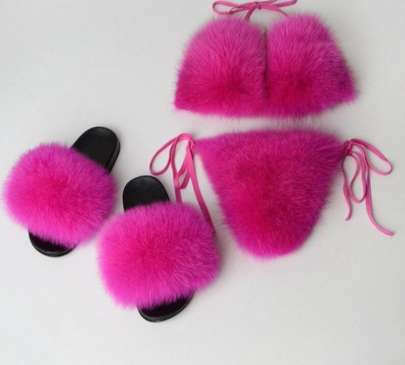Real Fox Fur Bikini Sets w/Matching Slides (Multi-Colors)