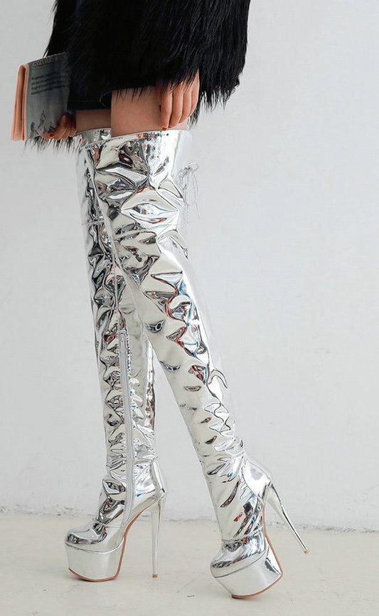 Metallic Silver Thigh High Thin High Heel Platform Boots