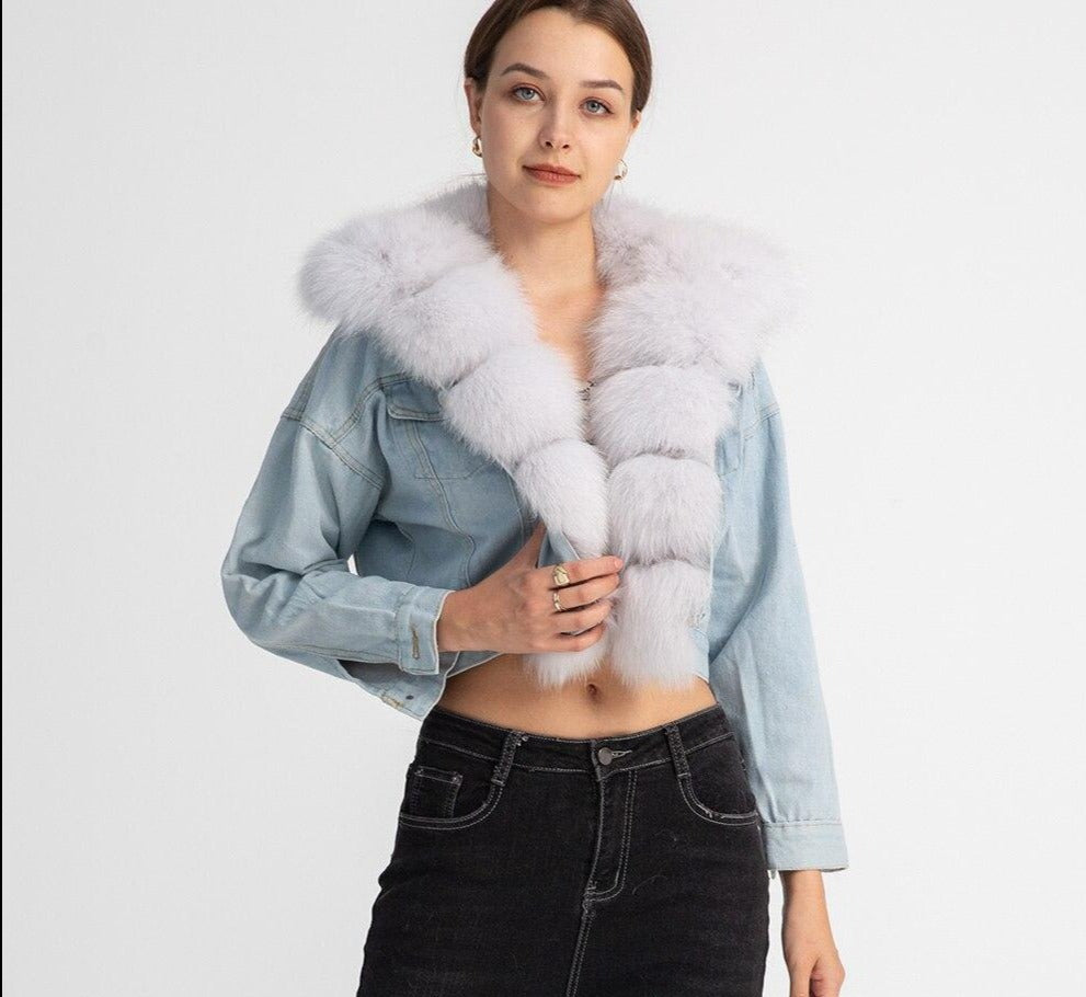 Real Fox Fur Crop Denim Jackets