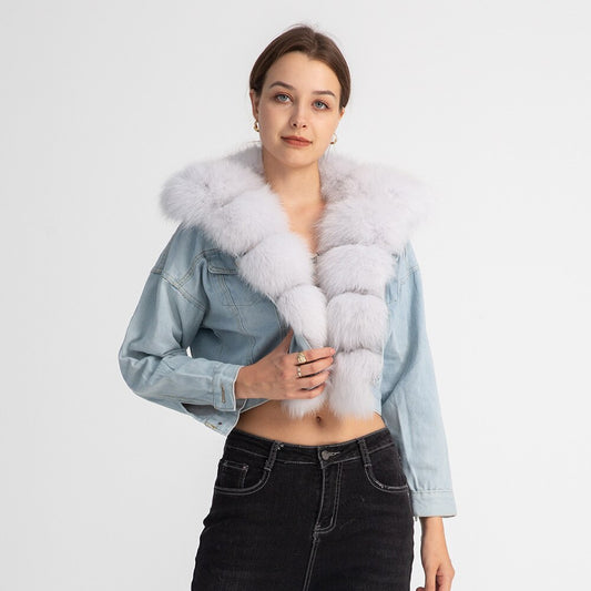 Real Fox Fur Crop Denim Jackets