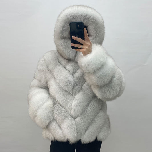 Pattern Hooded Real Fur Coats