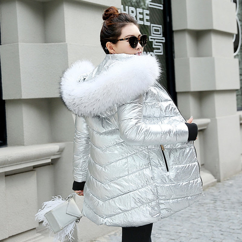 Thick Faux Fur Metallic Mid-coats with Gloves