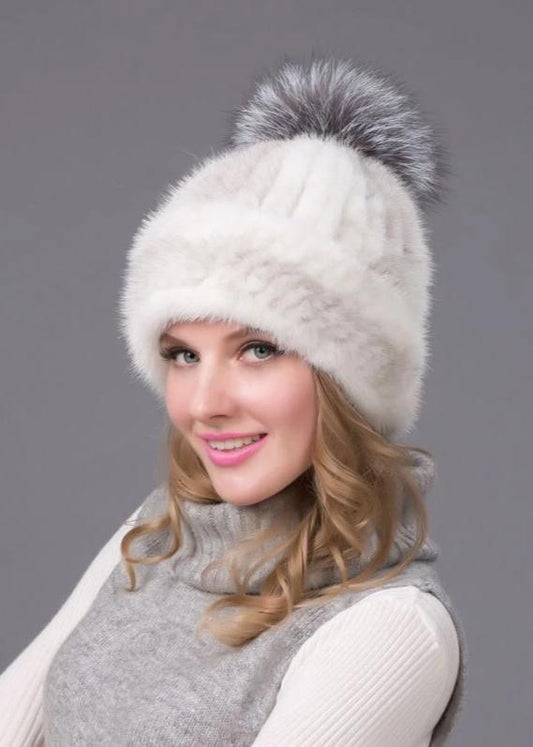 Mink Fur Knitted Slver Fox Fur Pom Caps