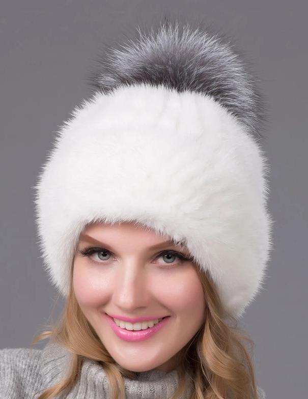 Mink Fur Knitted Slver Fox Fur Pom Caps
