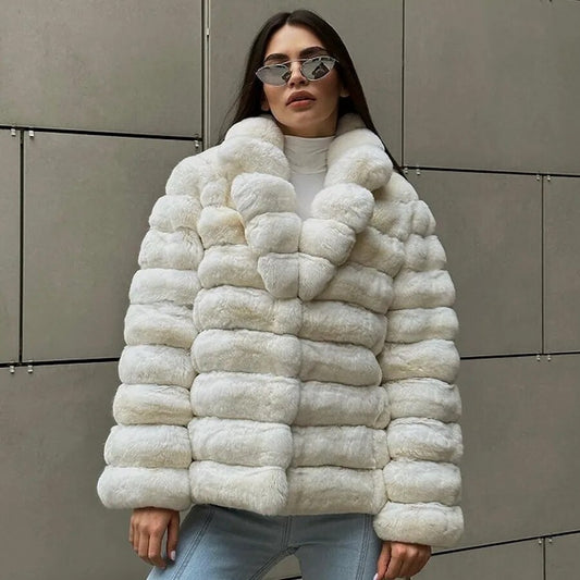 White Chinchilla Style Rex Real Fur Coat