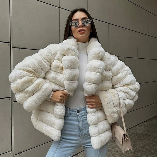 White Chinchilla Style Rex Real Fur Coat