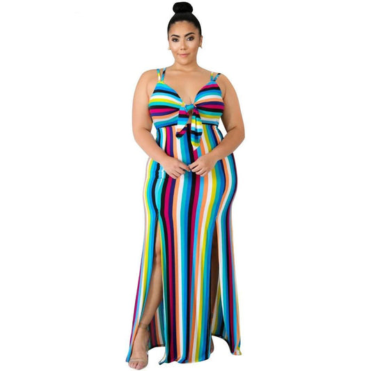 Colorful Striped Bow Knot Spaghetti Strap Side Split Maxi Dress