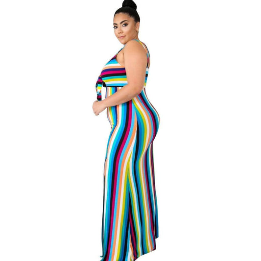 Colorful Striped Bow Knot Spaghetti Strap Side Split Maxi Dress