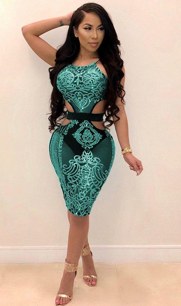 See Through Mesh Sequin Halter Backless Bodycon Dresses (Multi-Colors)