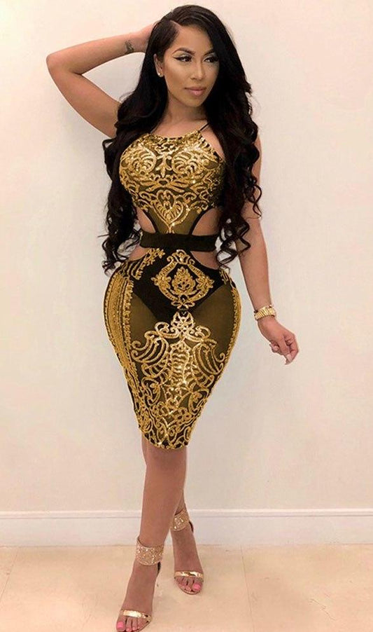 See Through Mesh Sequin Halter Backless Bodycon Dresses (Multi-Colors)