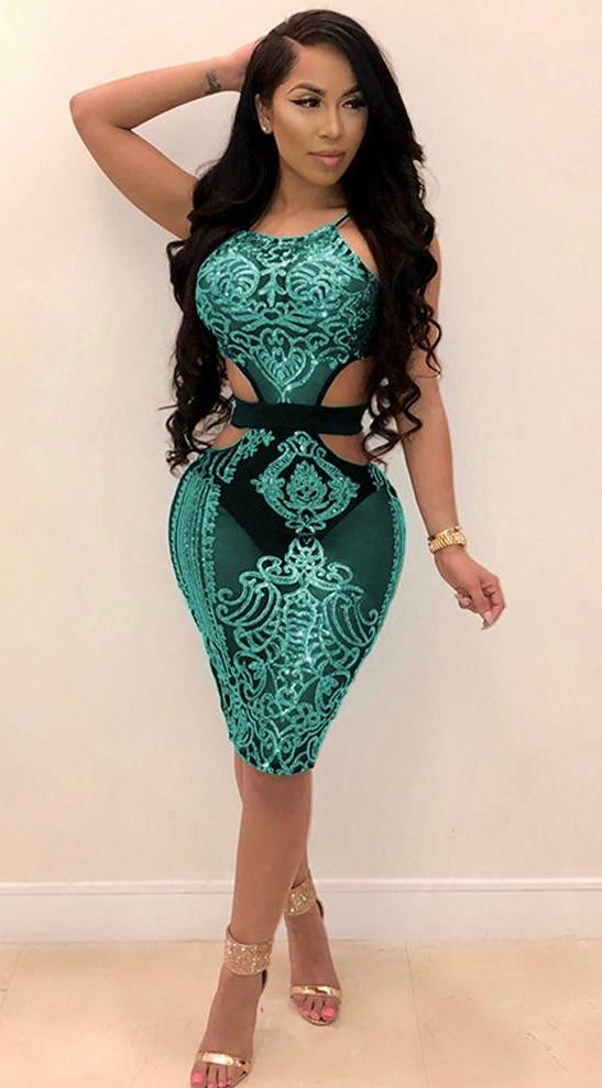 See Through Mesh Sequin Halter Backless Bodycon Dresses (Multi-Colors)