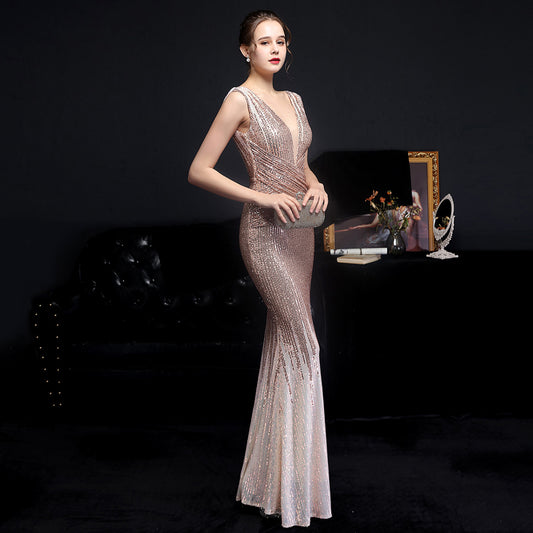 Sleeveless V Neck Sequin Maxi Dresses