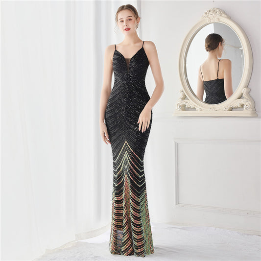 Stripe Sequin Strap V Neck  Maxi Dresses