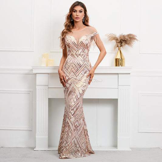 Mesh Shoulders Sequin Maxi Dresses