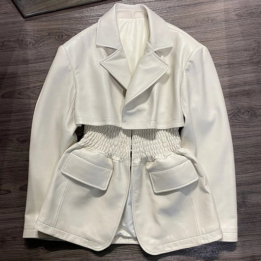 Genuine Leather Wide Cinched Blazer Jackets