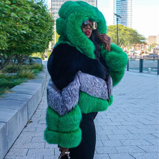 Green Black Silver Genuine Fur Coat
