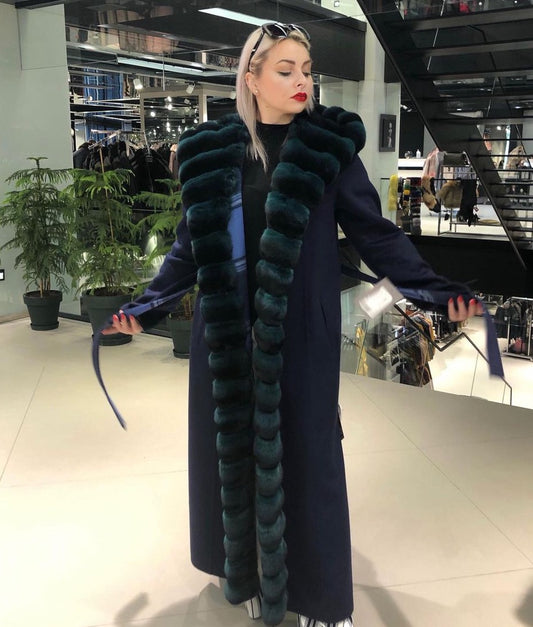 Genuine Double Row Fur Slim Long Wool Coats