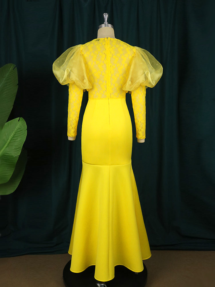 Yellow Lace Flower Long Sleeve See Through Dress