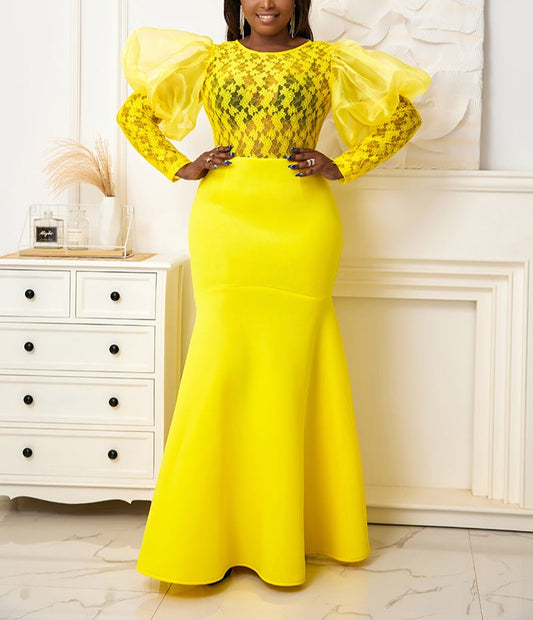 Yellow Lace Flower Long Sleeve See Through Dress