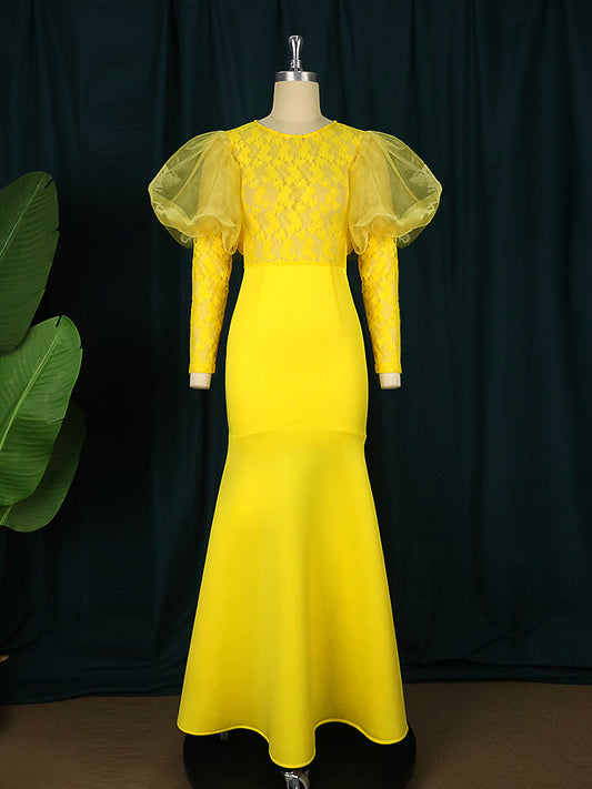 Yellow Lace Flower Long Sleeve See Through Dress