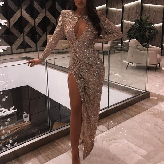 O Neck Long Sleeve Sequins High Split Hallow Out Maxi Dresses