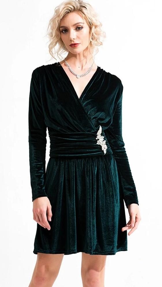 Vintage Velvet Long Sleeve V Neck Crystal Mini Dresses