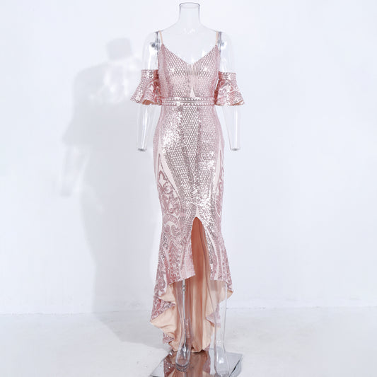 Off the Shoulder Strapless Sequins Split Ruffles Bodycon Dress